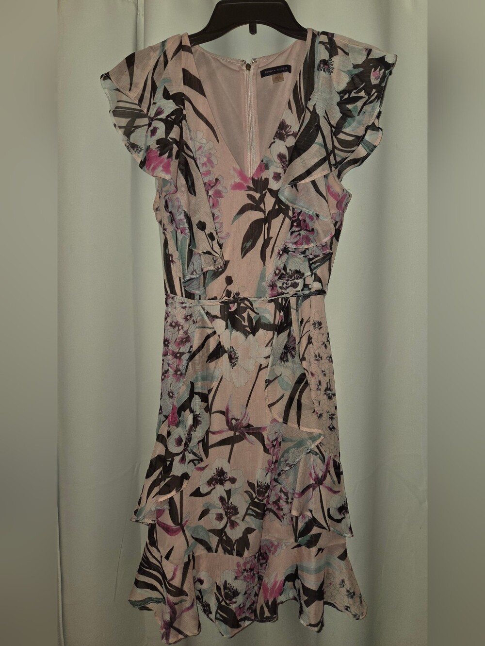 Tommy Hilfiger Pink Floral Ruffle V-Neck Midi Dress